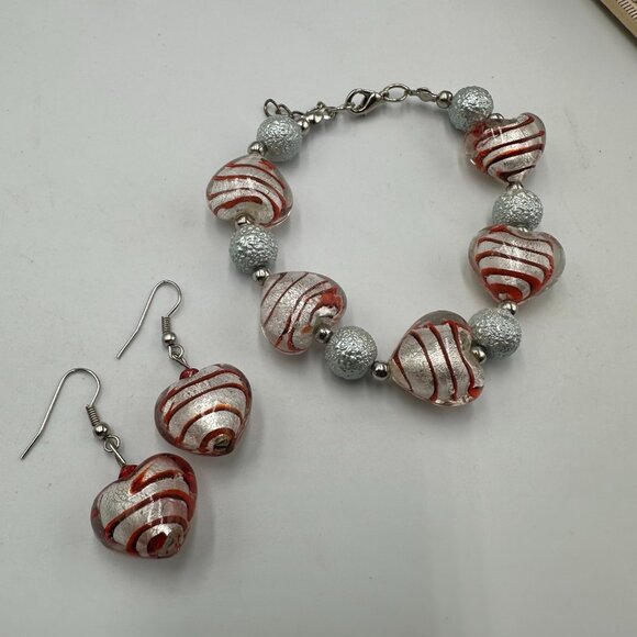 Glass Heart Bead Bracelet Earrings Set Silver Tone Red Swirl Pierced 7 Inch - Picture 2 of 11